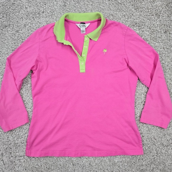 Vintage‎ Lilly Pulitzer Polo Shirt Small Pink Green Slim Y2K Retro Beach Resort - Picture 1 of 9